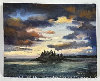 Unframed Oil On Board Titled, "Skedans Islands At Dusk" Signed By Artist Eleanor Hill. 16 x 20"
