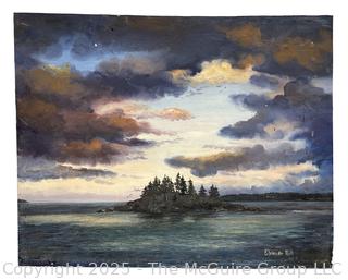 Unframed Oil On Board Titled, "Skedans Islands At Dusk" Signed By Artist Eleanor Hill. 16 x 20"