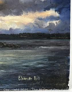 Unframed Oil On Board Titled, "Skedans Islands At Dusk" Signed By Artist Eleanor Hill. 16 x 20"