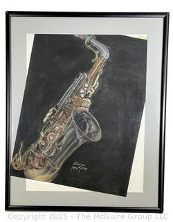 Framed Under Glass Pastel on Paper Of Saxophone Signed by Artist Jeanne Klapps, 1994. Print is Loose from Matting.   24 x 29.5"