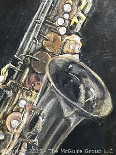 Framed Under Glass Pastel on Paper Of Saxophone Signed by Artist Jeanne Klapps, 1994. Print is Loose from Matting.   24 x 29.5"