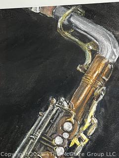 Framed Under Glass Pastel on Paper Of Saxophone Signed by Artist Jeanne Klapps, 1994. Print is Loose from Matting.   24 x 29.5"