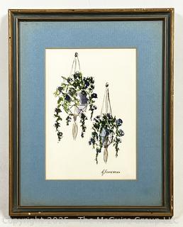 Framed Under Glass Watercolor And Pen Of Ceropegia Woodii Plant. 8 x 10" 