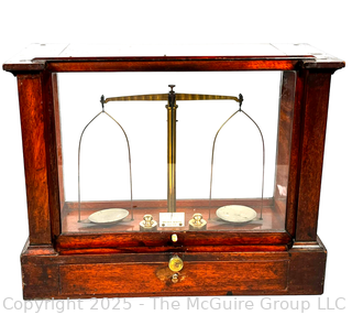 19th Century Becker & Sons Gold Apothecary Scale in Mahogany Glass Case