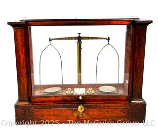 19th Century Becker & Sons Gold Apothecary Scale in Mahogany Glass Case