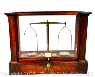 19th Century Becker & Sons Gold Apothecary Scale in Mahogany Glass Case