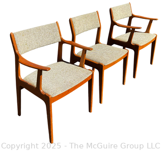 Set of Three (3) Mid Century Danish Modern Teak Dining Chairs by Scandinavia Woodworks. One with Damage on Arm as Shown. 
