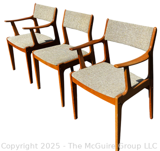 Set of Three (3) Mid Century Danish Modern Teak Dining Chairs by Scandinavia Woodworks. One with Damage on Arm as Shown. 