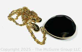 Faceted Bezel Set Black Stone Pendant on Chain. 