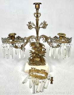 Three (3) Light Gilt Bronze Girandole Candelabra on Marble Base with Crystal Lustres.  One bracket broken.