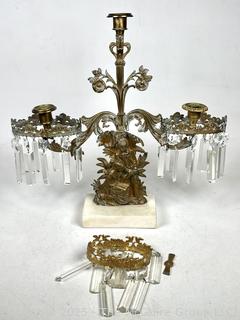 Three (3) Light Gilt Bronze Girandole Candelabra on Marble Base with Crystal Lustres.  One bracket broken.
