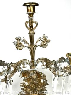Three (3) Light Gilt Bronze Girandole Candelabra on Marble Base with Crystal Lustres.  One bracket broken.