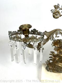 Three (3) Light Gilt Bronze Girandole Candelabra on Marble Base with Crystal Lustres.  One bracket broken.