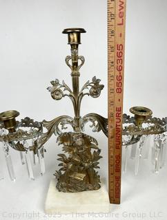 Three (3) Light Gilt Bronze Girandole Candelabra on Marble Base with Crystal Lustres.  One bracket broken.