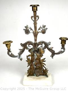 Three (3) Light Gilt Bronze Girandole Candelabra on Marble Base with Crystal Lustres.  One bracket broken.