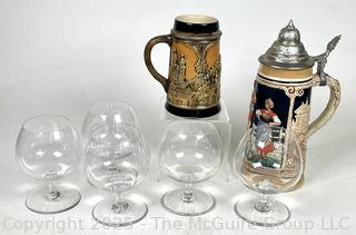 Two (2) German Steins and Five (5) Baccarat Crystal Goblets