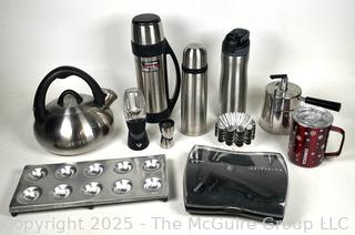Stainless Steel Cookware Including Ravioli Molds, Coffee Carafes, Teapot and Rabbit Wine Bottle Opener
