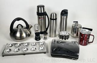Stainless Steel Cookware Including Ravioli Molds, Coffee Carafes, Teapot and Rabbit Wine Bottle Opener