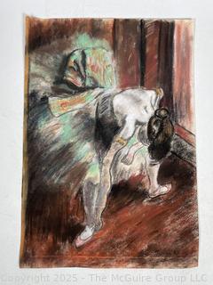 Unframed Pastel on Paper of Ballet Dancer on Red Ground Signed By Artist Jeanne Klapps. 15 x 21.5"