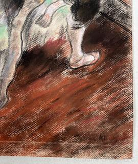 Unframed Pastel on Paper of Ballet Dancer on Red Ground Signed By Artist Jeanne Klapps. 15 x 21.5"