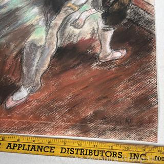 Unframed Pastel on Paper of Ballet Dancer on Red Ground Signed By Artist Jeanne Klapps. 15 x 21.5"