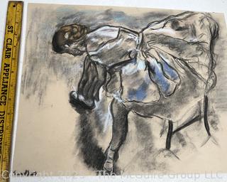 Unframed Pastel On Paper Of Ballerina Signed By Artist Jeanne Klapps. 13 x 16.5"