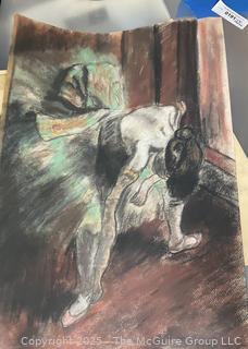 Unframed Pastel on Paper of Ballet Dancer on Red Ground Signed By Artist Jeanne Klapps. 15 x 21.5"