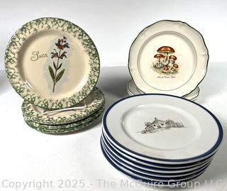 Three (3) Sets of Porcelain Plates Including Williams Sonoma Les Fermiers and Roseville Spongeware