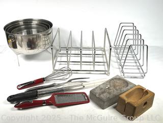 Cookware Including Stainless Steel Mixing Bowls and Tools