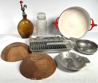 Kitchenware Including Wooden Bowls, Aluminum Ice Trays and Red Dansk Kobenstyle Enamel Paella Pan.