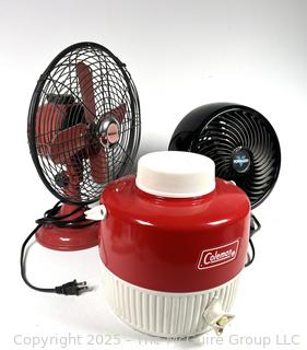 Two (2) Electric Table Fans and Coleman Thermos