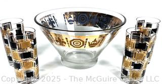 Mid Century Modern Gold and Black Punch Bowl and Set of 4 Cocktail Tumbler Glasses
