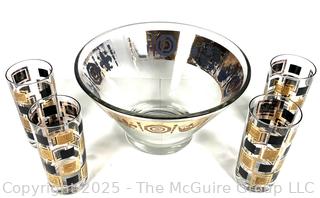 Mid Century Modern Gold and Black Punch Bowl and Set of 4 Cocktail Tumbler Glasses