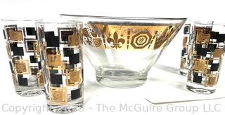Mid Century Modern Gold and Black Punch Bowl and Set of 4 Cocktail Tumbler Glasses