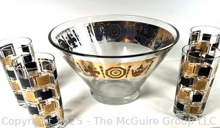 Mid Century Modern Gold and Black Punch Bowl and Set of 4 Cocktail Tumbler Glasses