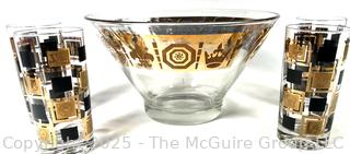 Mid Century Modern Gold and Black Punch Bowl and Set of 4 Cocktail Tumbler Glasses