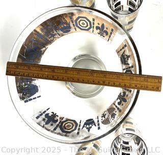 Mid Century Modern Gold and Black Punch Bowl and Set of 4 Cocktail Tumbler Glasses
