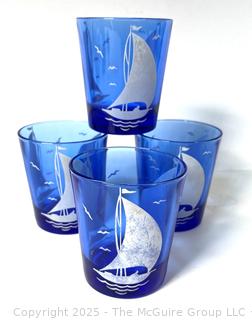 Set of Four (4) Hazel Atlas Cobalt Blue Sailboat Swanky Swigs Cocktail Glasses