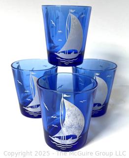 Set of Four (4) Hazel Atlas Cobalt Blue Sailboat Swanky Swigs Cocktail Glasses