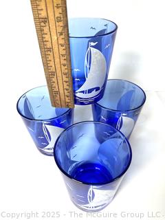Set of Four (4) Hazel Atlas Cobalt Blue Sailboat Swanky Swigs Cocktail Glasses