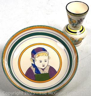 Two (2) Pieces of French Breton Henriot Quimper Including Café au Lait Cider Bowl and Vase