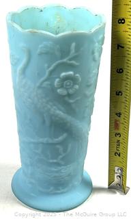 Fenton Aqua Blue Milk Glass Peacock Vase