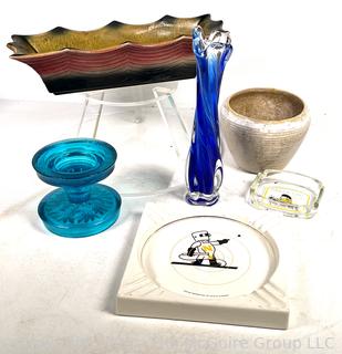 Mid Century Planters, Cobalt Blue Glass Vase and Ashtrays