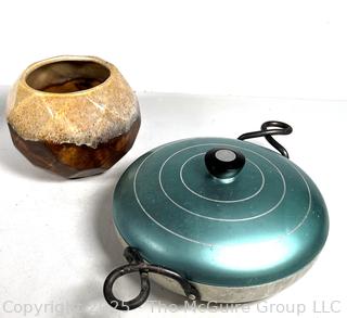 Mid Century Pottery Planter and Wear-Ever Blue Covered Aluminum Casserole