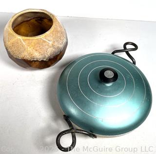 Mid Century Pottery Planter and Wear-Ever Blue Covered Aluminum Casserole
