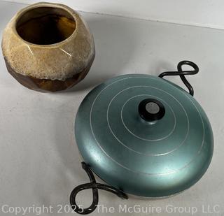 Mid Century Pottery Planter and Wear-Ever Blue Covered Aluminum Casserole