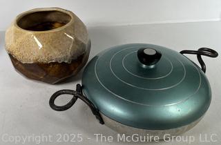 Mid Century Pottery Planter and Wear-Ever Blue Covered Aluminum Casserole
