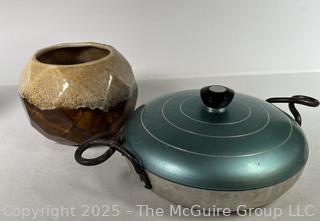 Mid Century Pottery Planter and Wear-Ever Blue Covered Aluminum Casserole