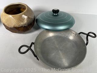 Mid Century Pottery Planter and Wear-Ever Blue Covered Aluminum Casserole