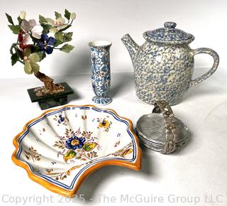 Talavera Portugal Serving Plate, Blue Spongeware Coffee Pot, Aluminum Coasters and Chinese Stone Bonsai Tree 
